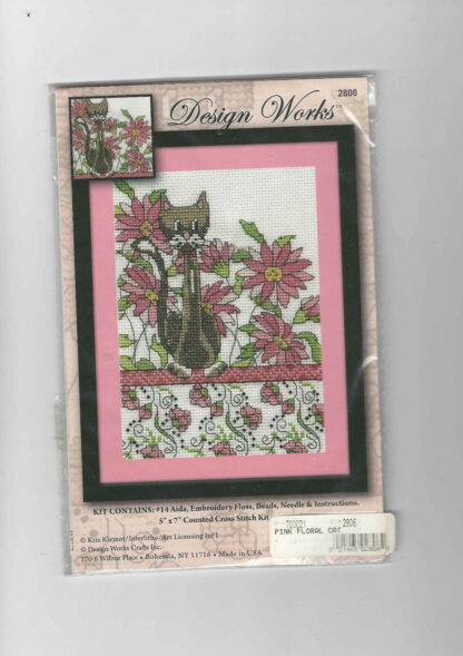 Design Works Counted Cross Stitch Kit Pink Floral Cat 2806